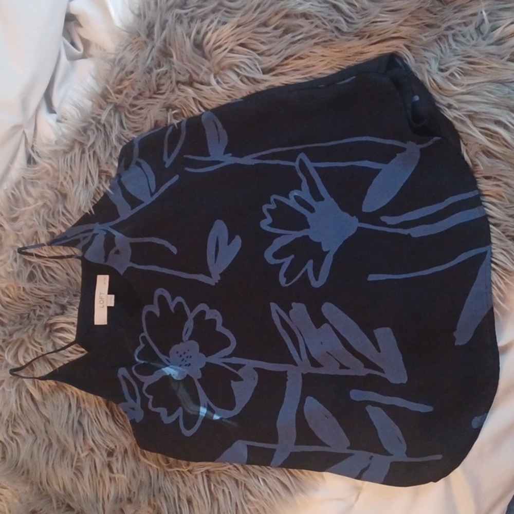 LOFT double lined cami, halter style. Black with royal blue floral accents.